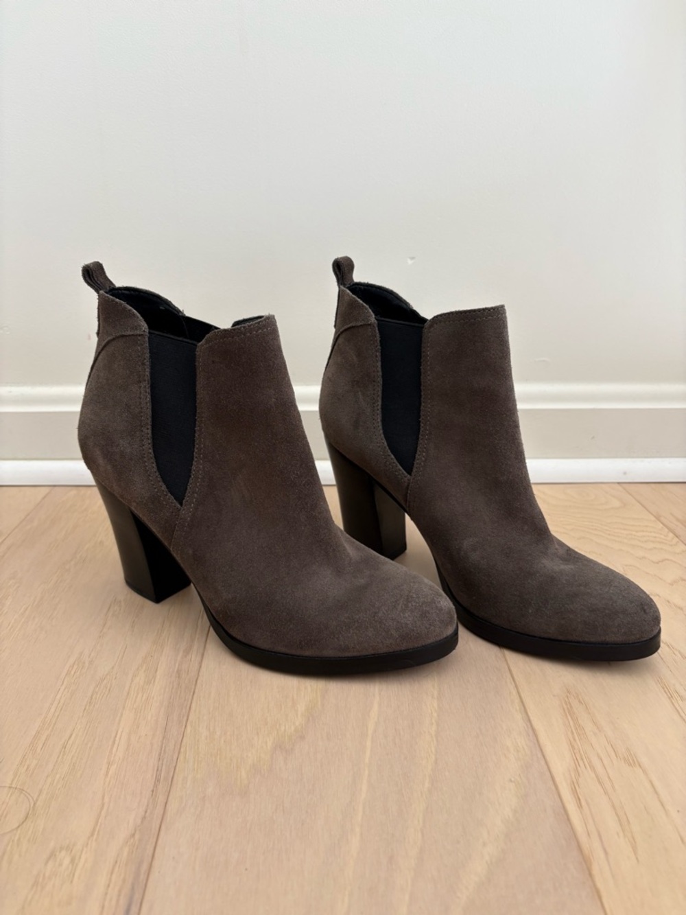 Marc Fisher Taupe Suede Block Heel Chelsea Booties
